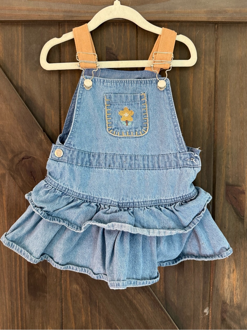Vintage Light Blue Denim Ruffle Overall Dress with Tan Straps and Yellow Flower